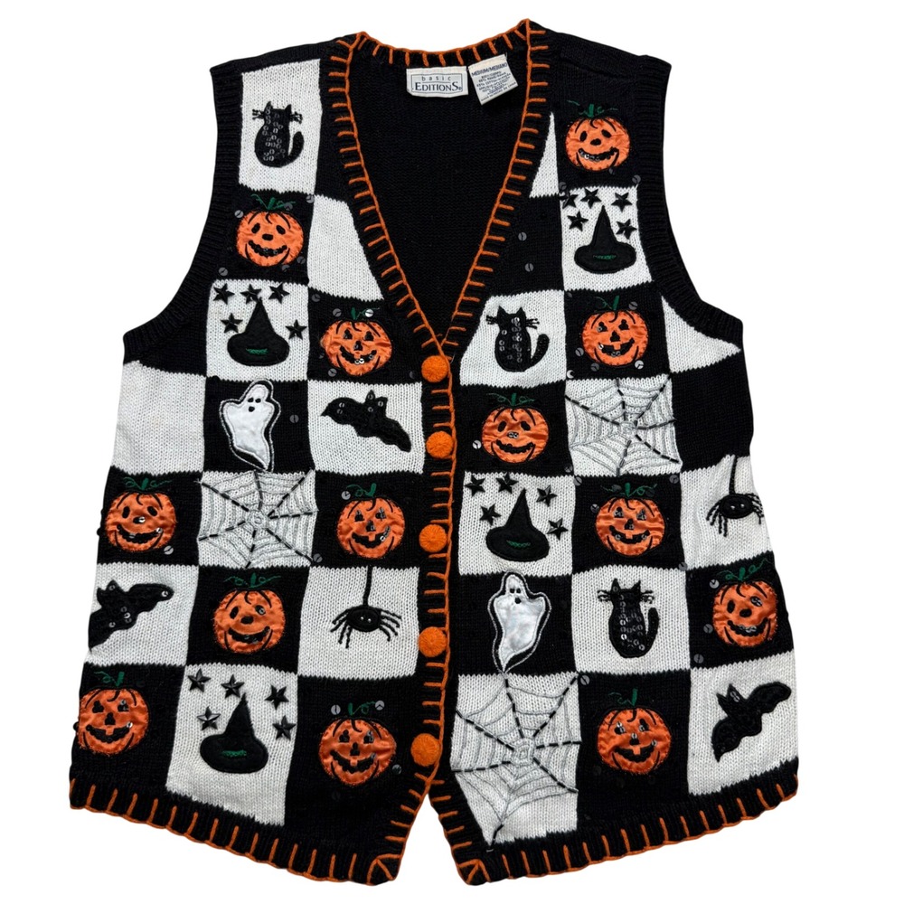 VTG Basic Editions Halloween Sweater Vest Medium Checkered Pumpkin Cat Teacher